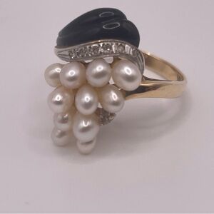 Vintage 14K Gold Pearl Cluster Ring Black Onyx Diamond Accent Cocktail Ring 7.5